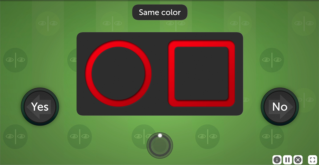 A trial from Divided Attention. The criteria is listed as same color. In the center of the screen there are two shapes side by side: a red circle on the left and a red square on the right.
