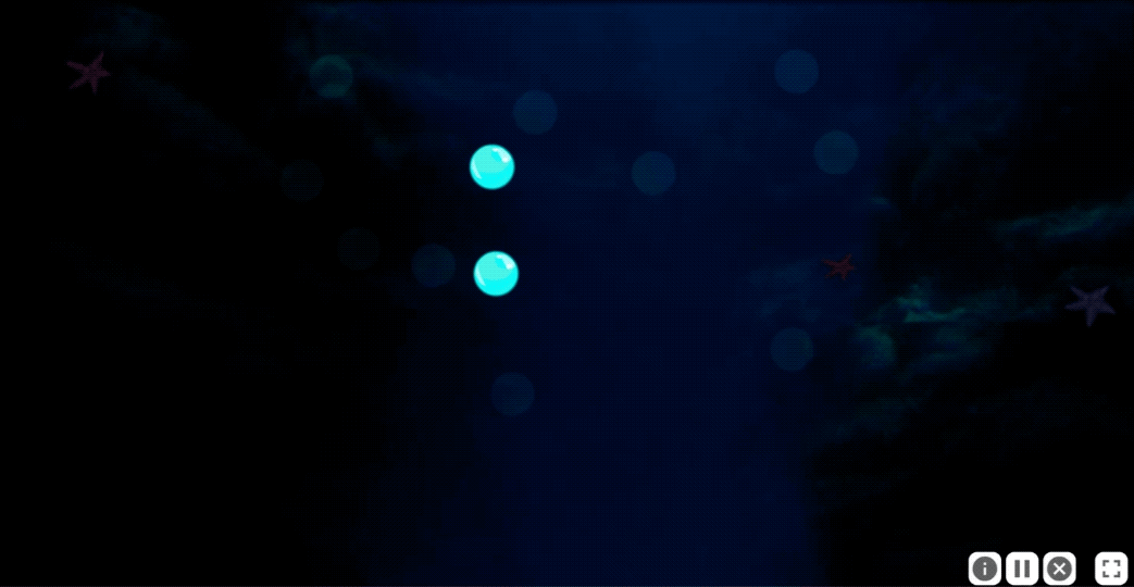 Animation of the two previous light blue bubbles moving, but several other light blue bubbles fade in and randomly move around the exercise window. After a few moments, the bubbles all stop moving.