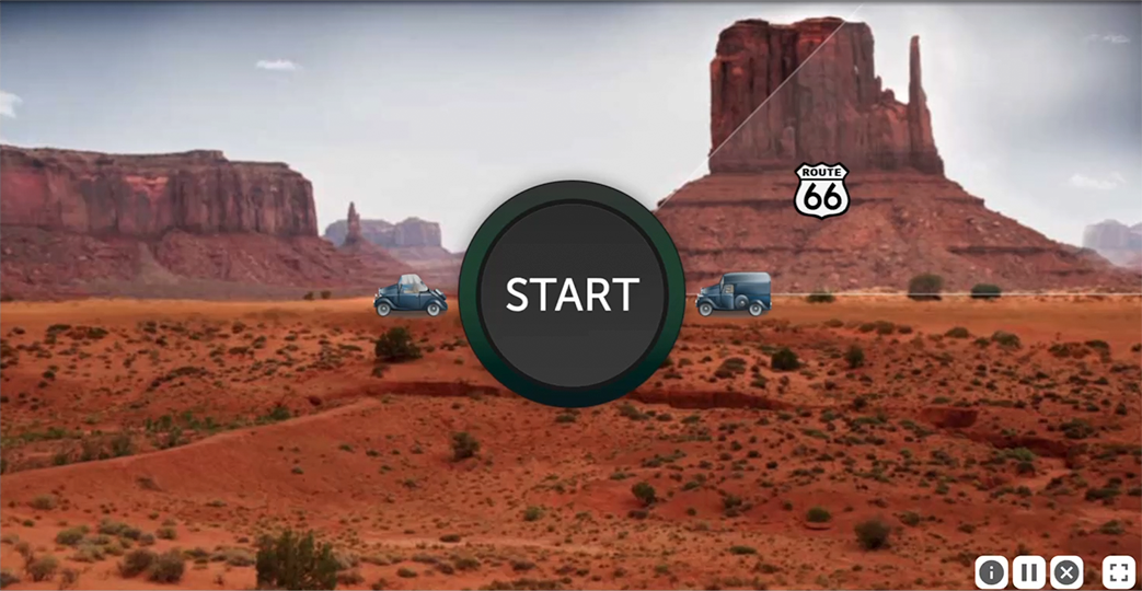 Screenshot of the start screen of Double Decision. A large start button is located in the middle, and is flanked by two vehicles: a convertible on the left and a box truck on the right. A black and white Route 66 sign is seen in the periphery.