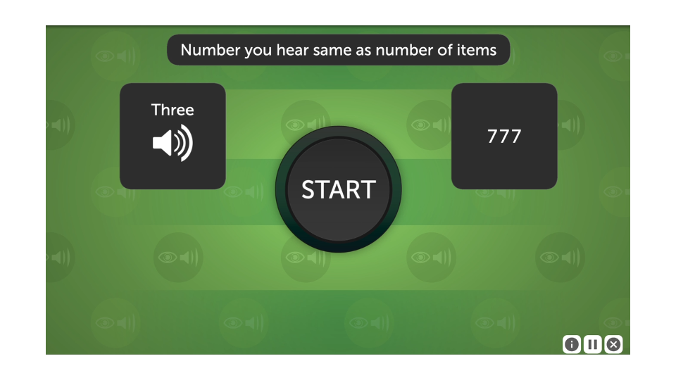 Screenshot of the Mixed Signals start screen. The criteria listed is number you hear same as number of items. To the left is a speaker icon indicating that a word will be spoken, and to the right is a box with multiple items