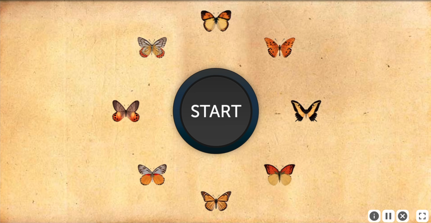 Screenshot of the Start screen in Eye for Detail. A START button is located in the center of the screen, and eight different butterflies are in a circle around the START button.