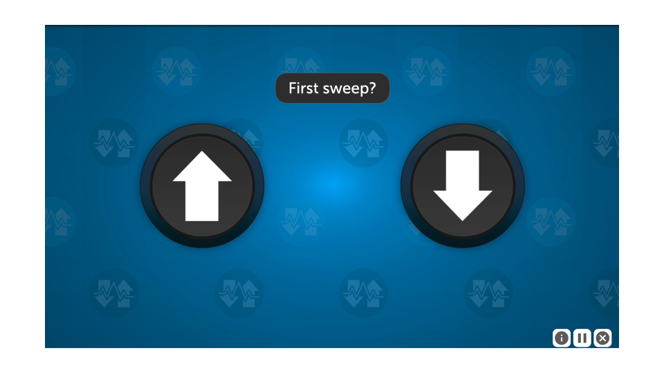 A screenshot of Sound Sweeps. There are two large, dark buttons on screen. The button to the left has an up arrow on it, and the button to the right has a down arrow on it.