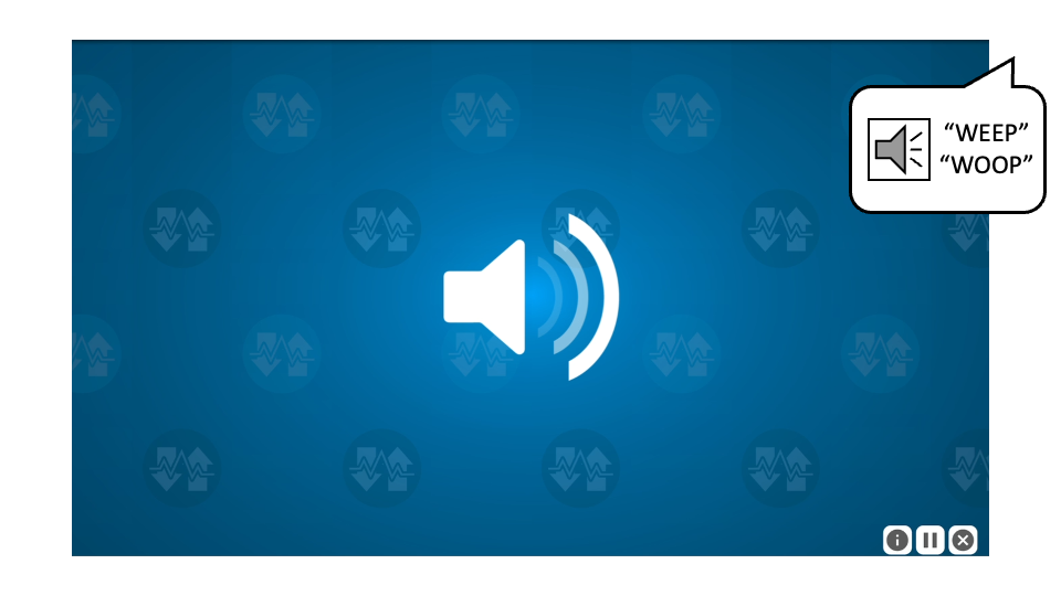 A screenshot of Sound Sweeps. A white speaker icon appears in the center of the screen against a blue background. A callout indicates that the sound being produced by the speaker is WEEP and then WOOP.