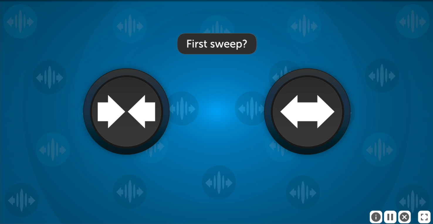 A screenshot of Visual Sweeps. There are two large, dark buttons on screen. The button to the left has two arrows pointing at each other indicating a contraction, and the button to the right has a double ended arrow indicating an expansion.