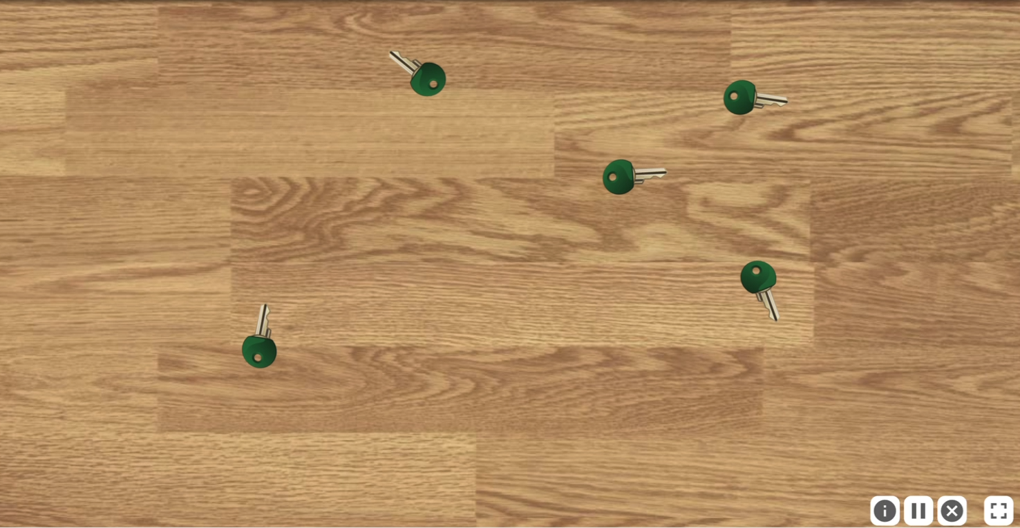 A screenshot of Scene Crasher. There are five silver and green keys scattered across a wood panel background.