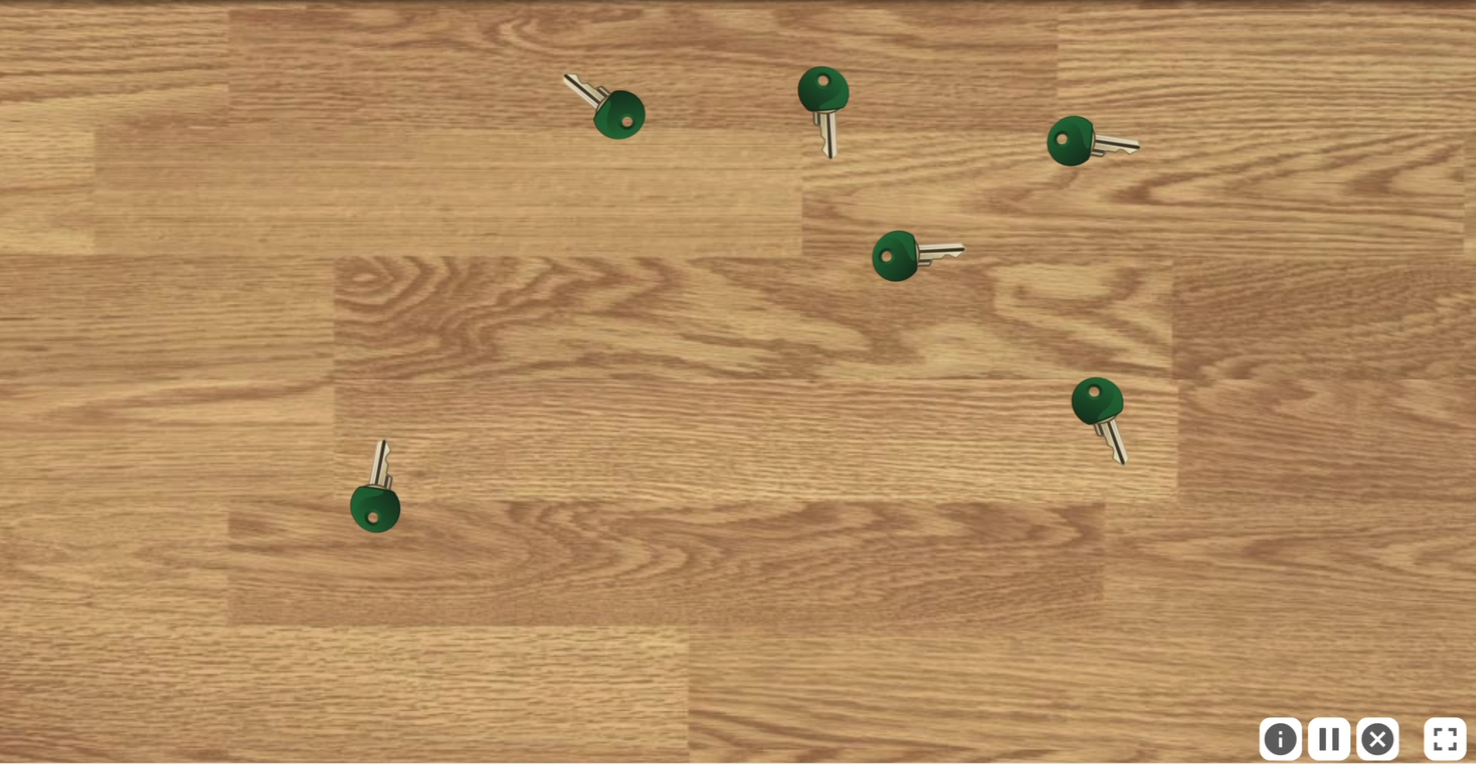 A screenshot of Scene Crasher. There are now six silver and green keys scattered across a wood panel background.
