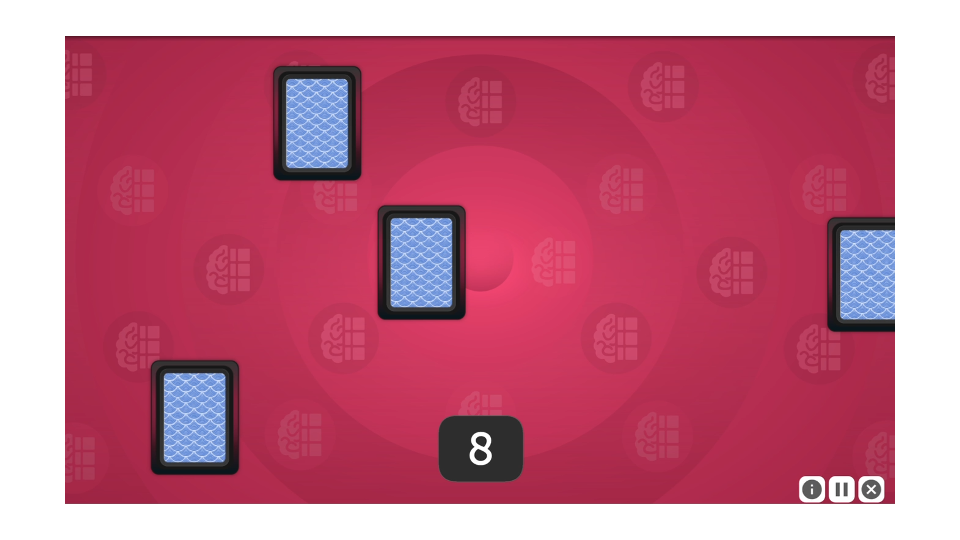 A screenshot of Memory Grid. There are four face down cards scattered around the screen. A countdown at the bottom of the screen shows the number 8.
