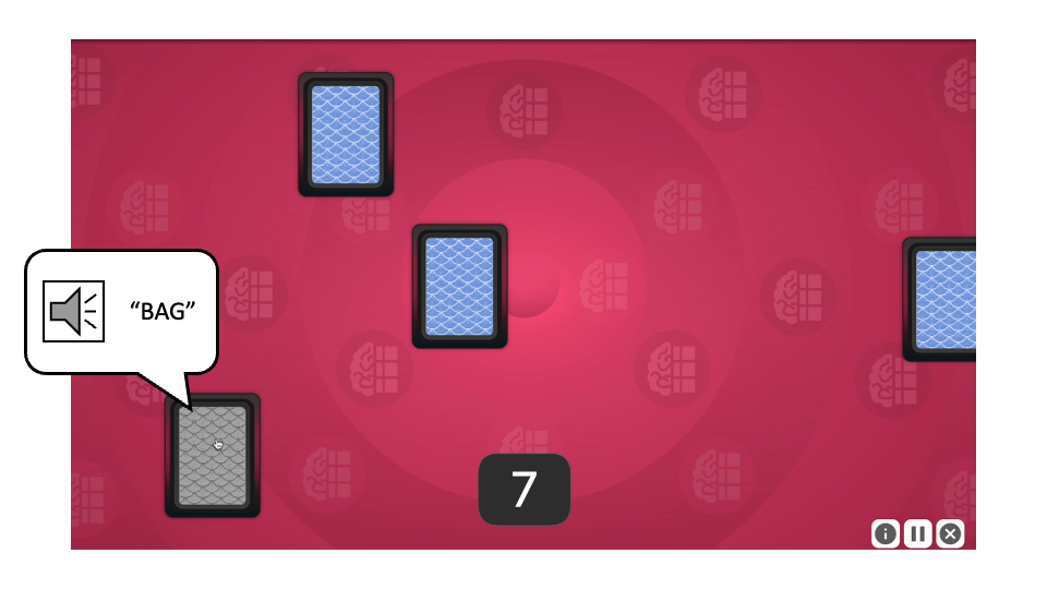A screenshot of Memory Grid. One of the cards has been selected, and a callout bubble indicates that when clicking on the card the word BAG was said. The countdown at the bottom of the screen now shows the number 7.