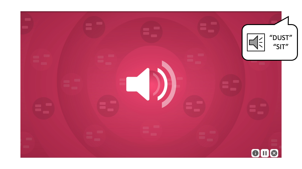A screenshot from Syllable Stacks. A speaker icon is in in the middle of the screen, and a callout bubble indicates that the words DUST and SIT are being spoken.
