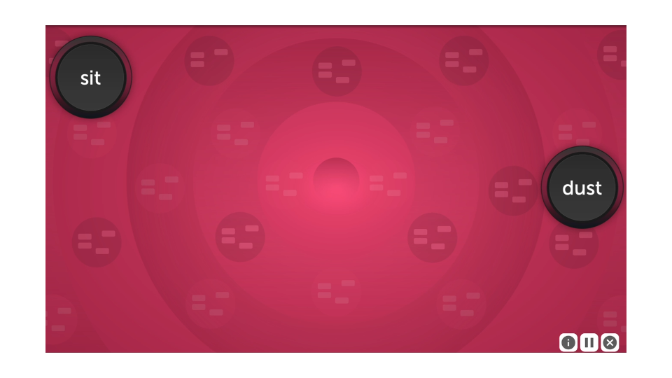 A screenshot from Syllable Stacks. Two buttons have appeared, one with the word SIT and the other with the word DUST.