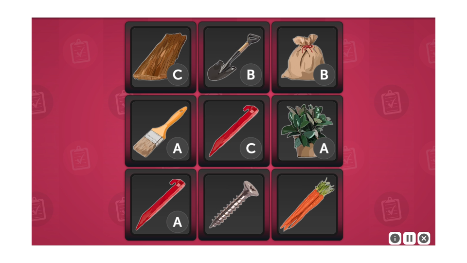 A screenshot from To-Do List Training. There is a three by three grid, with each section containing an illustration of an item. Some of the items have an additional letter label in the lower right corner.