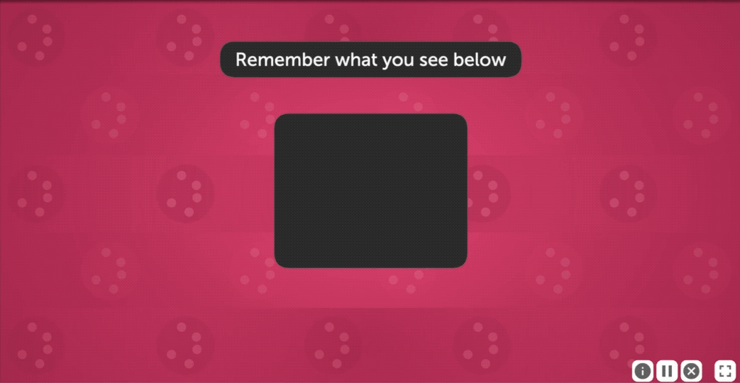 An animation from Mind's Eye. Text at the top of the screen reads Remember what you see below. Below that a white circle appears with many pink dots inside it. The pink dots begin to move uniformly from top to bottom. After the dots stop moving, the circle disappears and two buttons appear: play again, and next.