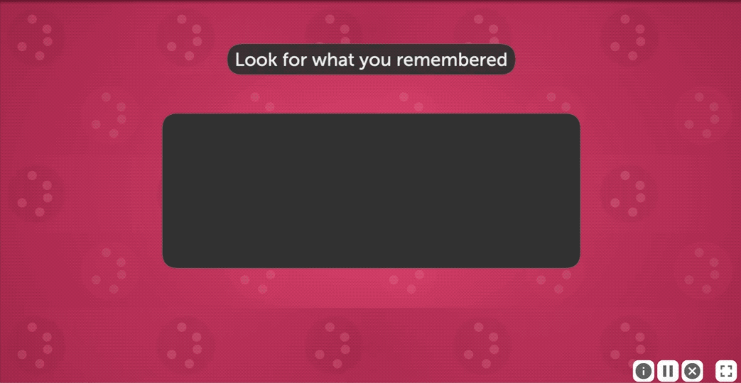 An animation from Mind's Eye. Text at the top of the screen reads Look for what you remembered. Three white circles with moving pink dots appear in succession. The pink dots are moving in different directions in each circle.