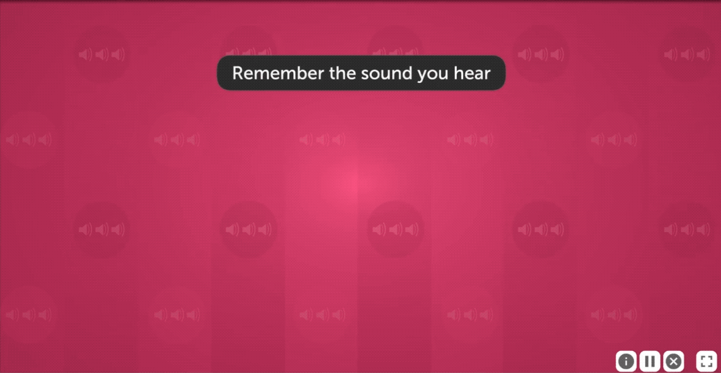 An animation from Hear Hear. Text at the top of the screen reads Remember the sound you hear. Below that a speaker icon with sound waves emitting from it indicates a sound should be playing. After the sound stops, the sspeaker disappears and two buttons appear: play again, and next.