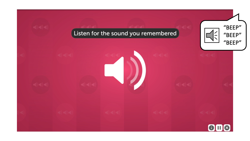 A screenshot from Hear Hear. Text on the screen reads Listen for the sound you remembered. A speaker icon is in the middle of the screen, and a callout bubble indicates that three beeps were played.