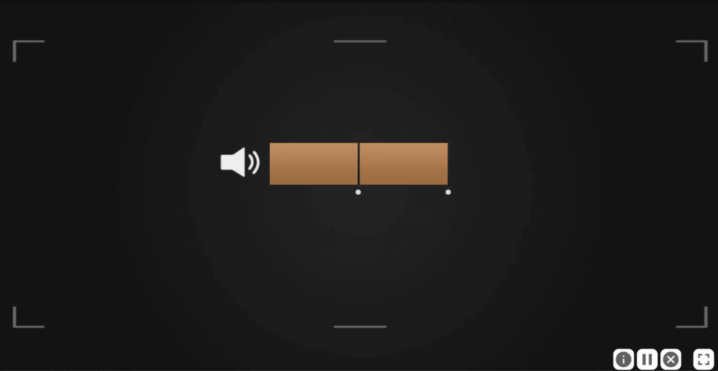 An animation of Rhythm Recall. Left of center is a speaker icon. To the right of the speaker icon is a wide brown rectangle, divided into two horizontal parts. A marker appears over the rectangle and travels from left to right at a steady pace, and the rectangle turns from brown to blue following the speed of the marker.