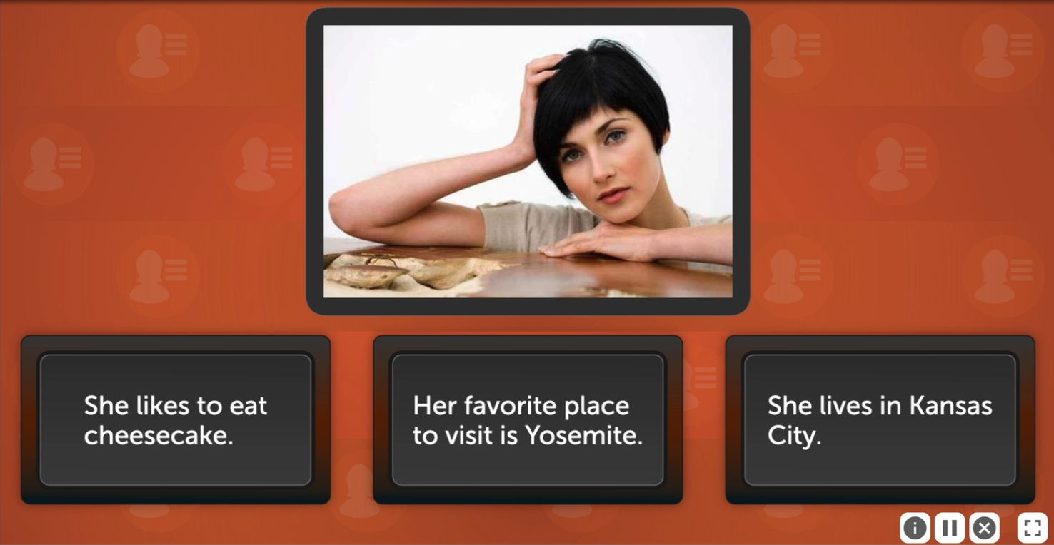 A screenshot from Face Facts. The image of the woman with short black hair is at the top of the window. Under the image are three text boxes that read She likes to eat cheesecake, Her favorite place to visit is Yosemite, and She lives in Kansas City.