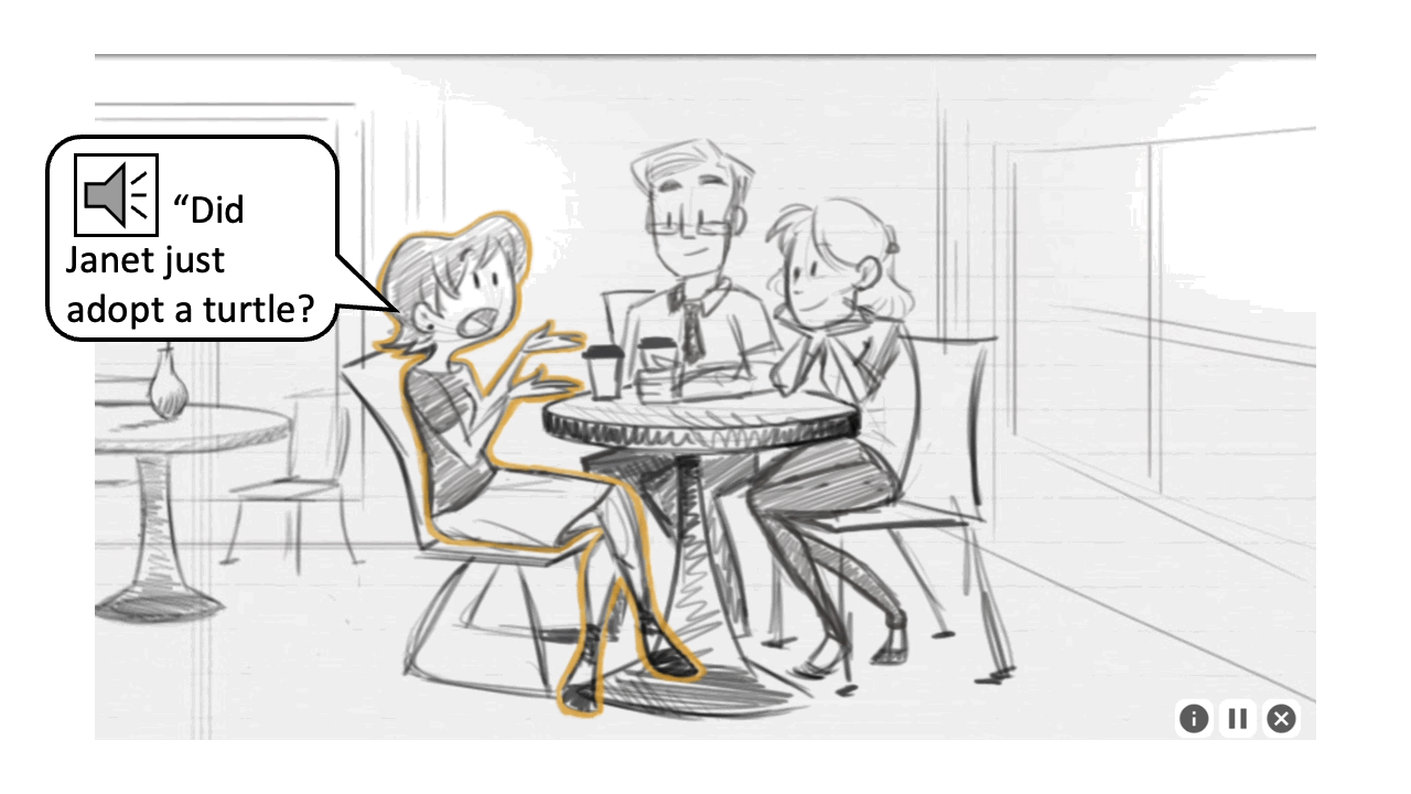 An animation from In The Know.  Three characters are sitting around a table having a conversation. A callout bubble indicates the first character asks Did Janet just adopt a turtle? The third character then replies All signs point to yes.