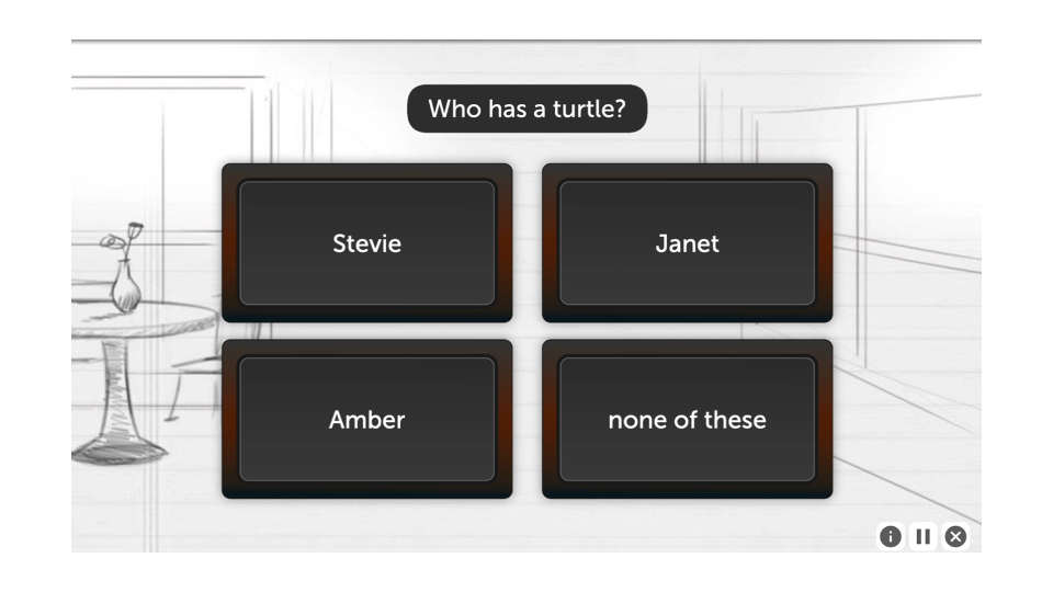 A screenshot from In The Know. At the top of the screen is a text box with a question - Who has a turtle? Below that are four buttons with possible answers, Stevie, Janet, Amber, and the last button reads none of these.