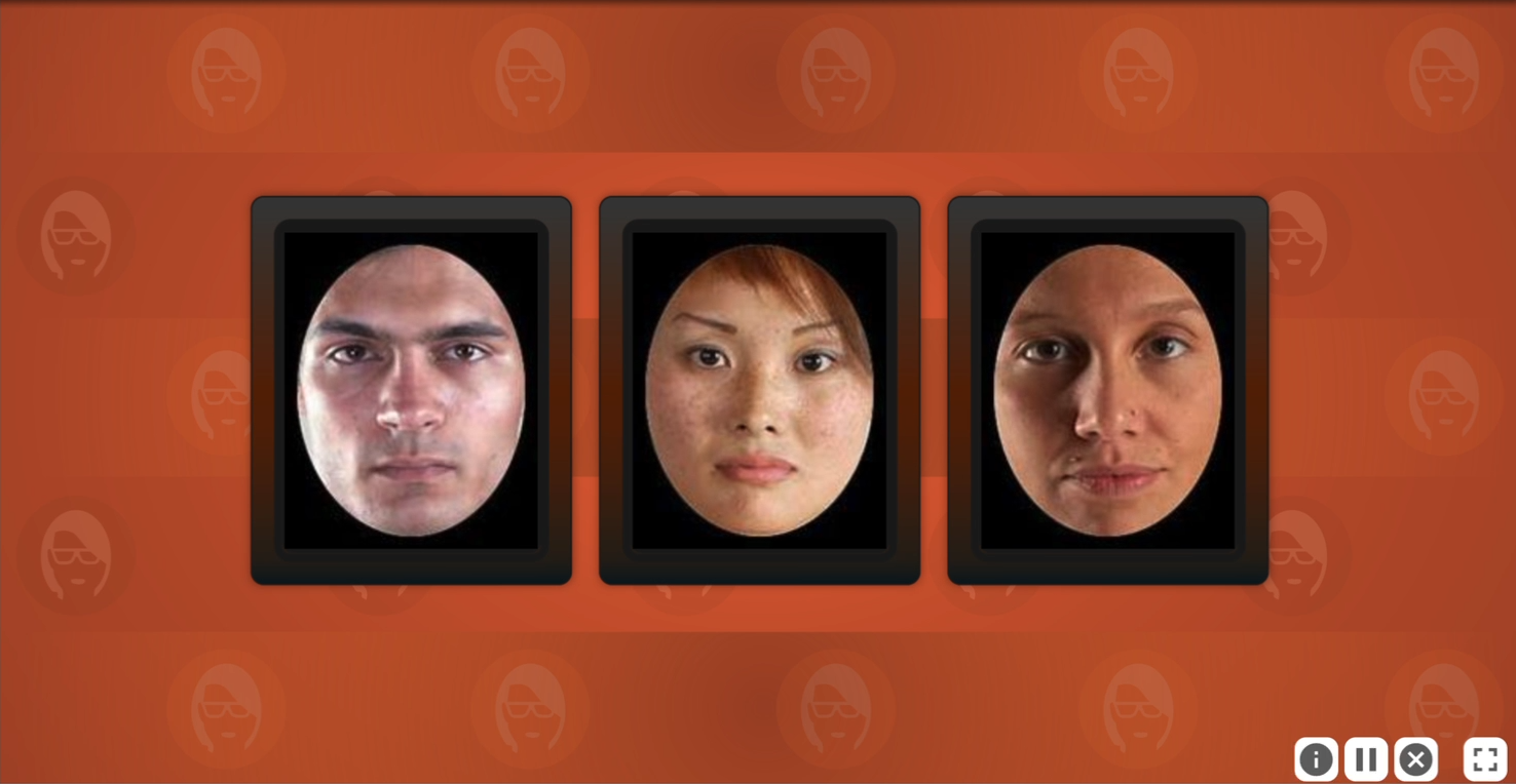 A screenshot from the Recognition exercise. Three round frames with three different faces are lined up horizontally in the middle of the window. Once of these faces appeared in the previous step.