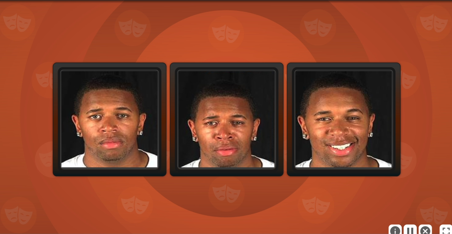 A screenshot from Face to Face. Three square frames are arranged horizontally. A different person is featured in these frames. In the leftmost frame the person appears to have a neutral expression. In the center frame the person appears to have a sad expression. In the rightmost frame the person appears to have a smiling expression.