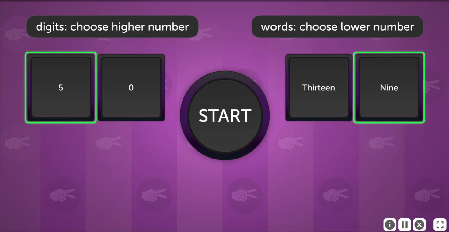 A screenshot from the Mind Bender start screen. Two text blocks appear at the top. The left text block reads digits: choose higher number. Under the text box there are two digit, 5 and 6. The digit 5 is highlighted in green, indicating this would be the correct answer given the above rule. The right text block reads words: choose lower number.  Under the text box there are two numbers, thirteen and nine. The number nine is highlighted in green, indicating this would be the correct answer given the above rule. In the middle of the screen is a large dark start button.
