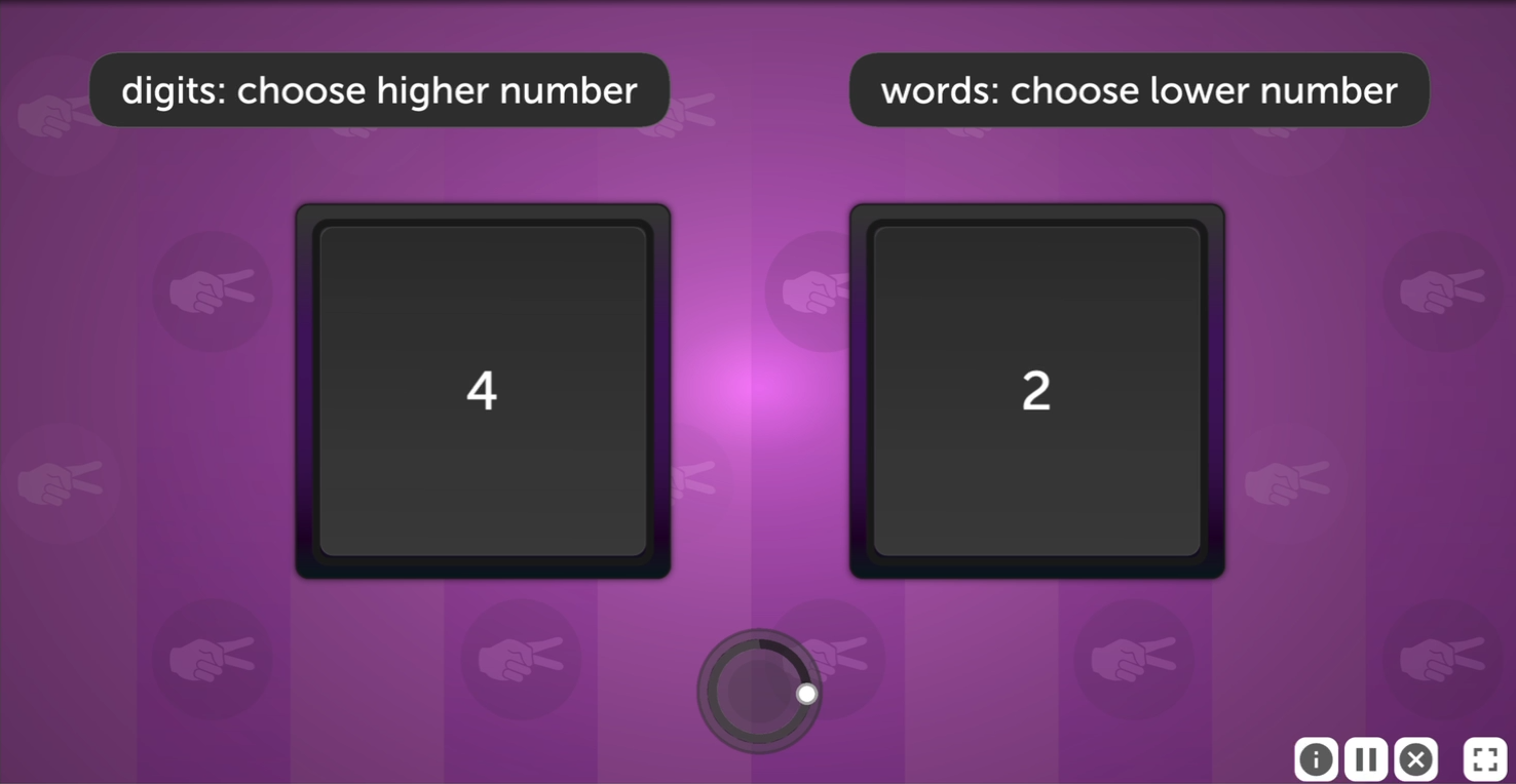 A screenshot from a trial of Mind Bender. At the top of the screen the two rules are present: digits choose higher number, and words choose lower number. Two large boxes are aligned horizontally across the middle of the window. The left box has the numeral 4, and the right box has the numeral 2.