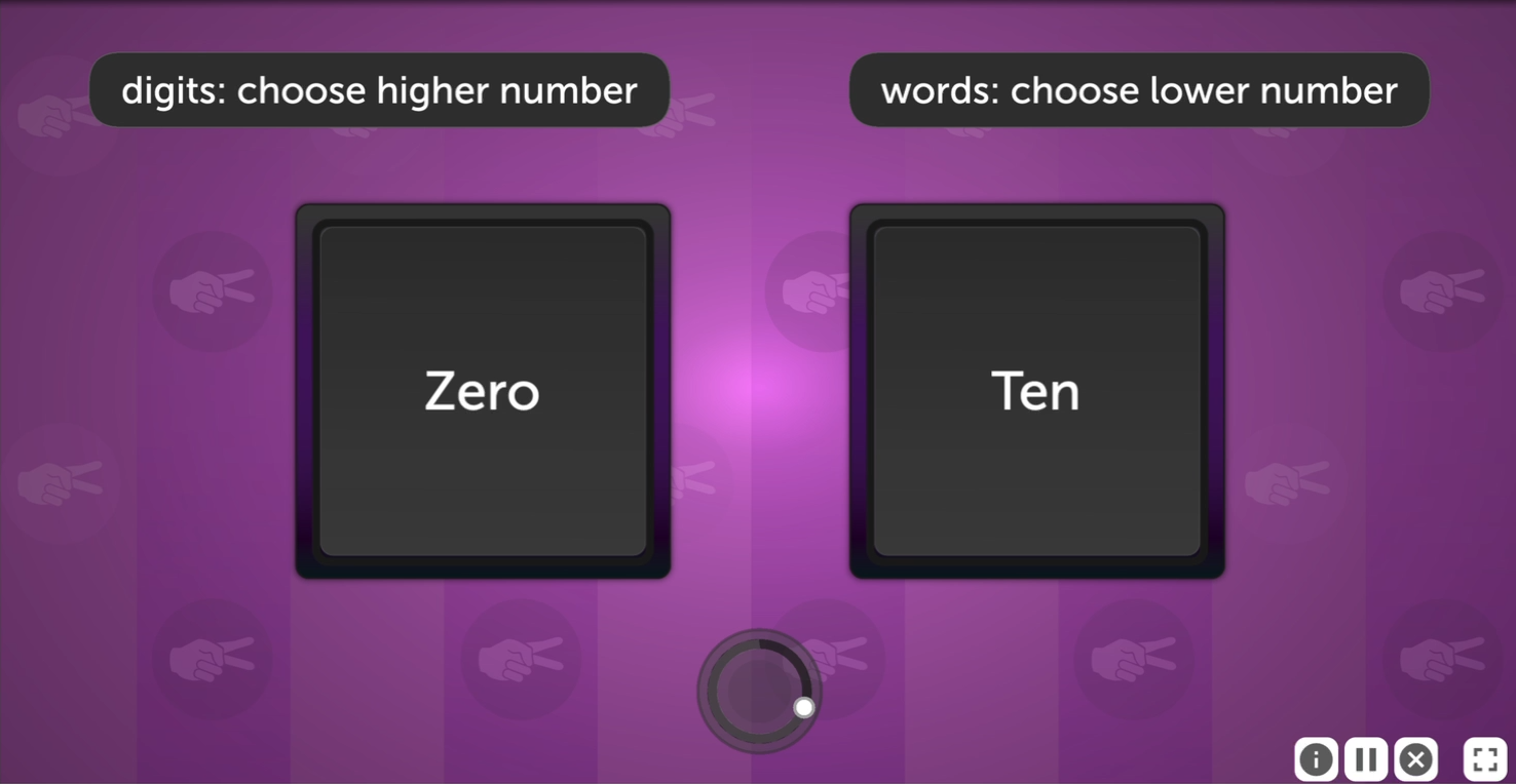 A screenshot from a trial of Mind Bender. At the top of the screen the two rules are present: digits choose higher number, and words choose lower number. Two large boxes are aligned horizontally across the middle of the window. The left box reads the word Zero, and the right box reads the word Ten.