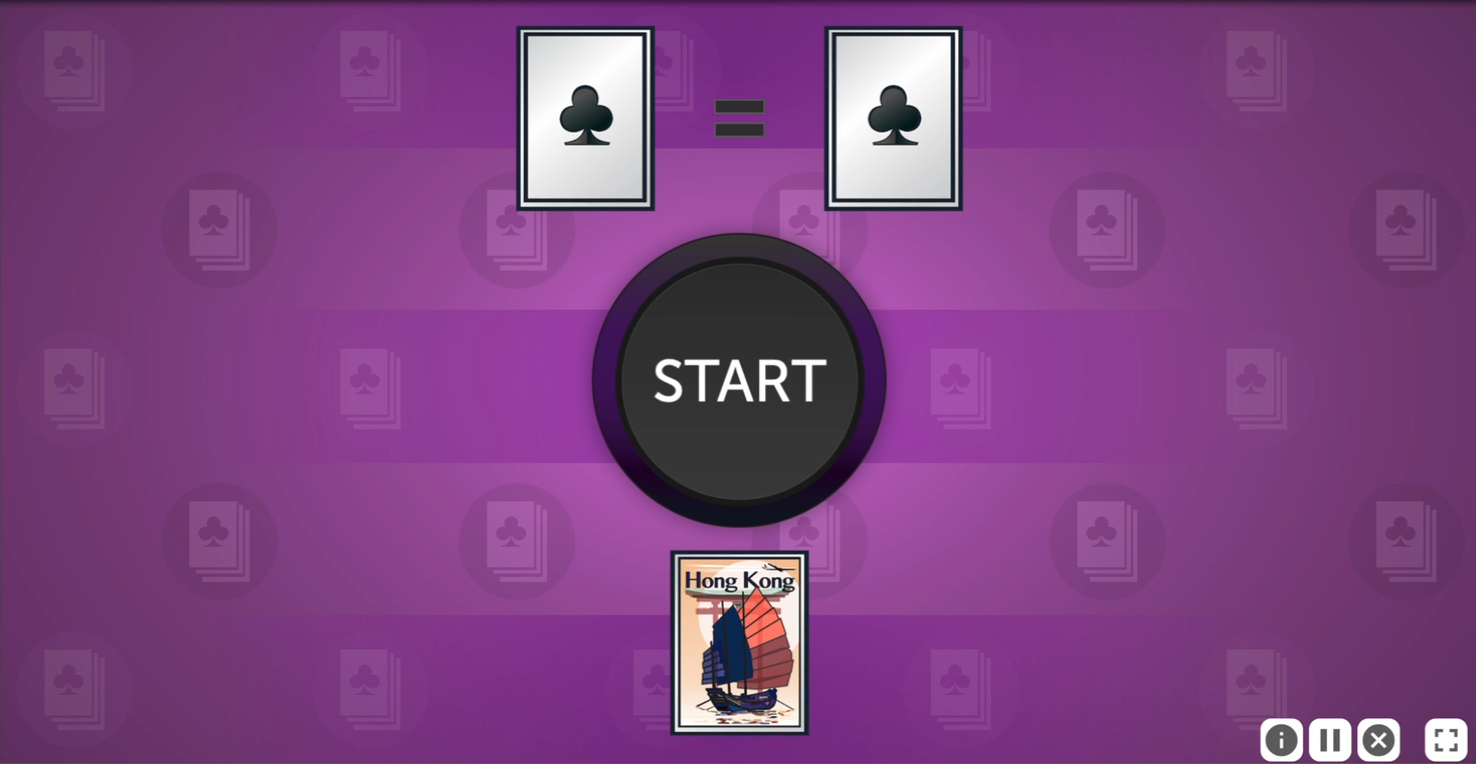 A screenshot of a start screen from a level of Card Shark. At the top middle of the screen are two club cards face up with an equal sign between them.  Below that in the center is a large, dark START button. Below the START button in the center is a card placed face down, indicating the holding space.