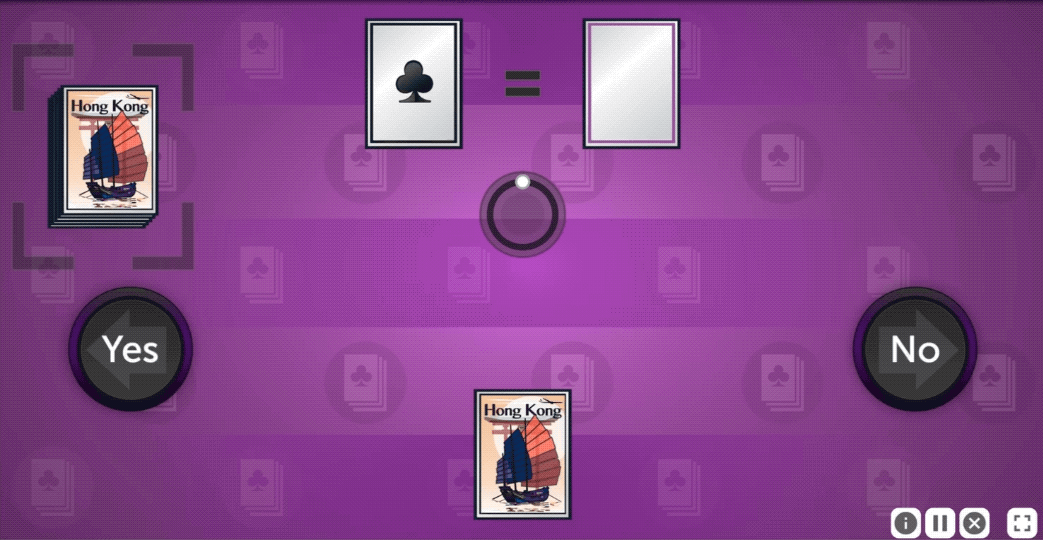 An animation from Card Shark. A new card is drawn from the deck, a spade, and placed face up in the space to the left of the equals sign. The card that was in the display space to the left of the equals sign shifts to the holding space in at the bottom center of the screen.  The card that was in the holding space shifts to the space to the right of the equals sign.  The Yes button flashes green, indicating that the user submitted the correct answer - the cards on both sides of the equals sign are both revealed to be spades.