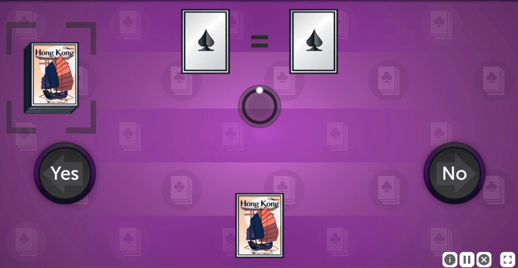 An animation from Card Shark. A new card is drawn from the deck, a club, and placed face up in the space to the left of the equals sign. The card that was in the display space to the left of the equals sign shifts to the holding space in at the bottom center of the screen. The card that was in the holding space shifts to the space to the right of the equals sign.  The Yes button flashes green, indicating that the user submitted the correct answer - the cards on both sides of the equals sign are both revealed to be clubs.