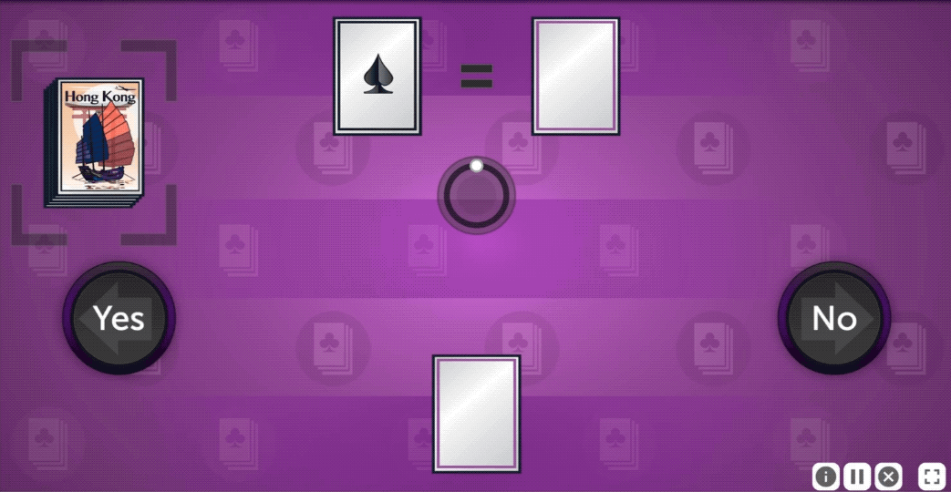 An animation from Card Shark. The card to the left of the equals sign moves down to the bottom center of the screen and is placed face down in the holding space.  Simultaneously a new card is drawn from the deck, another club, and placed face up in the space to the left of the equals sign.