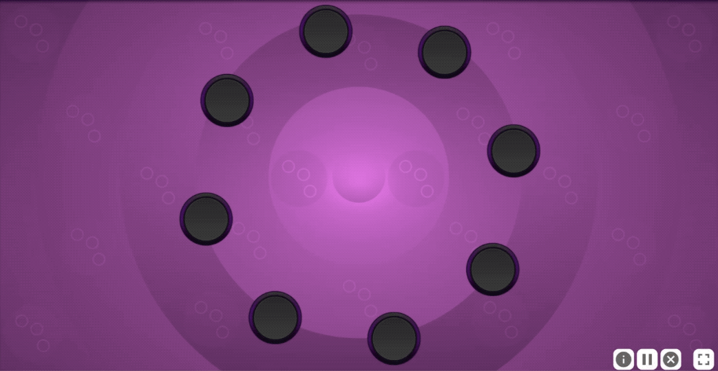 An animation from a level of Juggle Factor. There are eight small circular buttons arranged in a circle. A mouse cursor appears and selects the first button, revealing the numeral 1. It then moves to a second button and reveals the numeral 2.