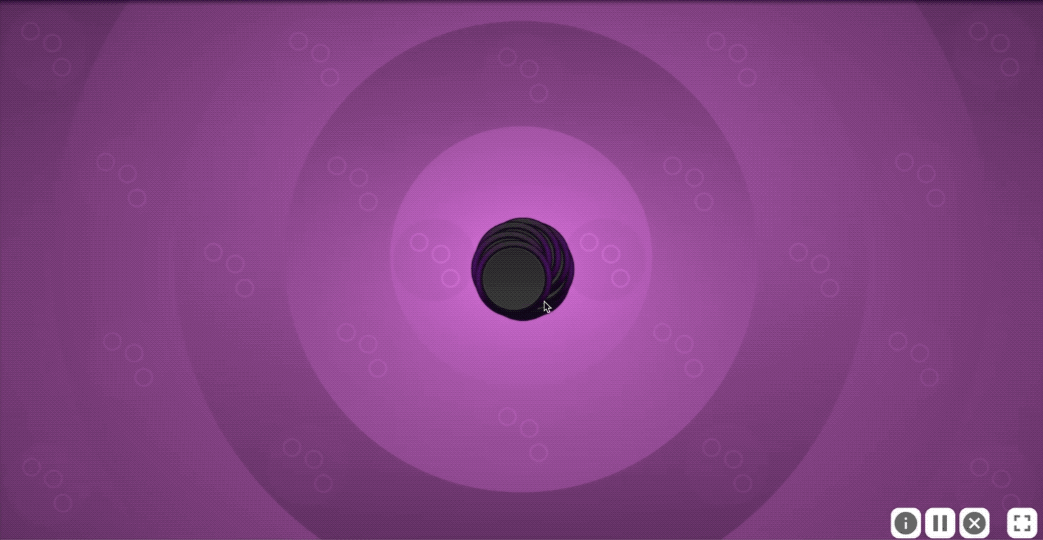 An animation from a level of Juggle Factor.  Eight small circular buttons arranged in a circle begin to spin counterclockwise.  While spinning, the numeral 1 appears on one of the buttons and disappears. Then the numeral 2 appears on a different button and disappears.  The buttons stop spinning.