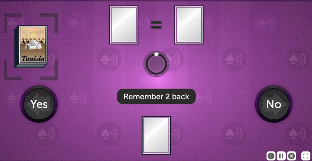 An animation from Auditory Ace. A card is drawn from the deck on the left, and is placed face up in the space to the left of the equals sign. On the card is a speaker icon, and a callout indicates the spoken word was Club.