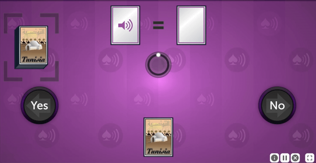 An animation from Auditory Ace. A new card is drawn from the deck and a callout indicates it is a spade.  It is placed face up in the space to the left of the equals sign. The card that was in the display space to the left of the equals sign shifts to the holding space in at the bottom center of the screen. The card that was in the holding space shifts to the space to the right of the equals sign. The No button flashes green, indicating that the user submitted the correct answer - the card on the left of the equals sign is a spade and the card to the right of the equals sign is revealed to be a club.