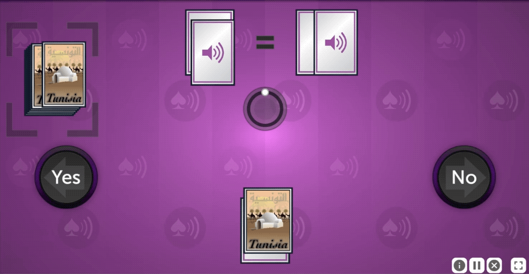 An animation from Auditory Ace. A new card is drawn from the deck and a callout indicates it is a spade. It is placed face up in the space to the left of the equals sign. The card that was in the display space to the left of the equals sign shifts to the holding space in at the bottom center of the screen. The card that was in the holding space shifts to the space to the right of the equals sign. The Yes button flashes green, indicating that the user submitted the correct answer - the cards on both sides of the equals sign are both revealed to be spades.