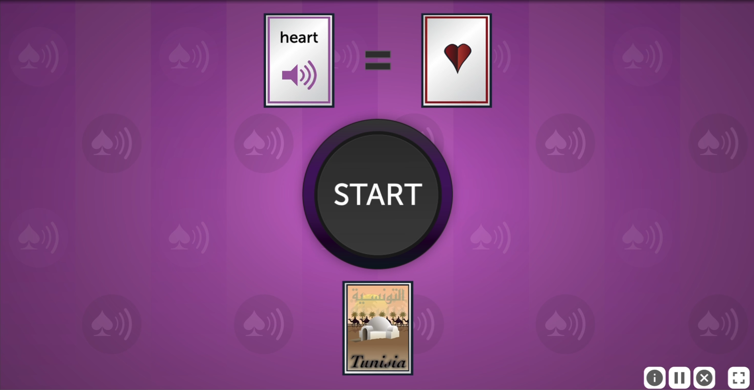 A screenshot of a start screen from a level of Auditory Ace. At the top middle of the screen are two cards. The left card reads heart and has a speaker icon indicating that the word heart is spoken. The right card is a heart card.  Below that in the center is a large, dark START button. Below the START button in the center is a card placed face down, indicating the holding space.