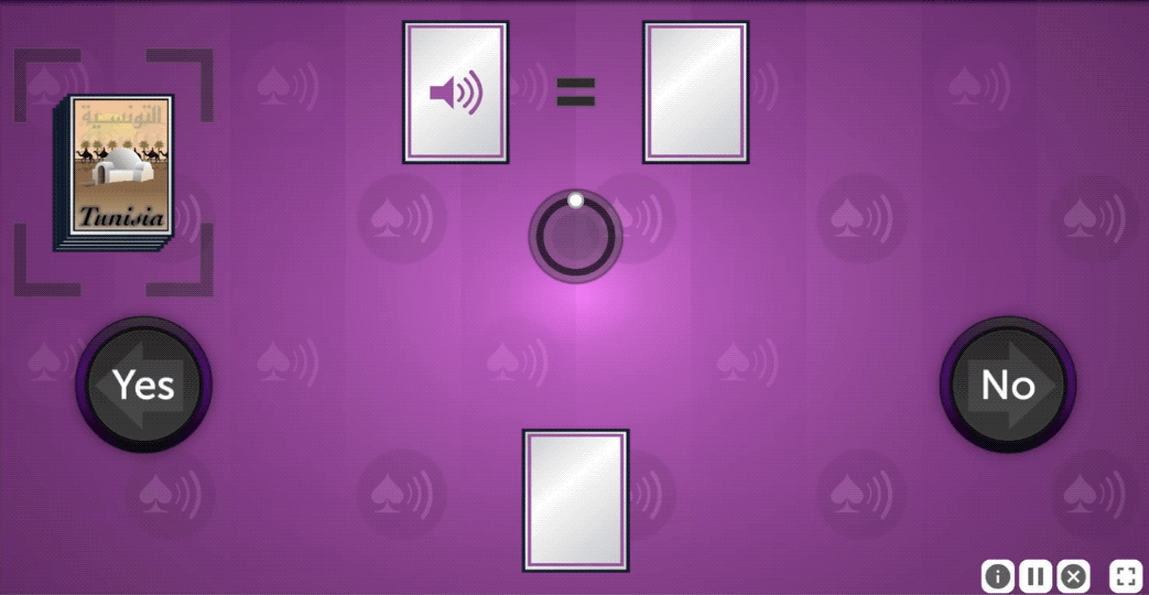 An animation from Auditory Ace. The card to the left of the equals sign moves down to the bottom center of the screen and is placed face down in the holding space. Simultaneously a new card is drawn from the deck, this time a spade, and placed face up in the space to the left of the equals sign.