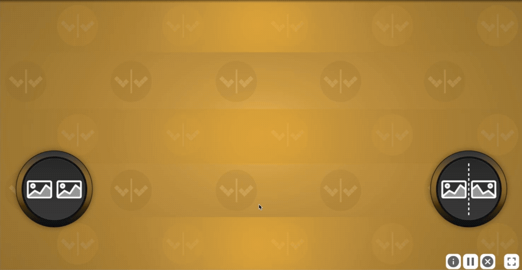 An animation from Right Turn. On the left and right sides of the window are two buttons. The left button shows two identical icons of a landscape photo. The right button shows two icons of a landscape photo separated by a dotted line. The icons are mirror images of each other. A mouse cursor moves towards the button on the right, and as the cursor hovers over the button the word Mirror appears over the photo icons.  The two shapes made of smaller blocks appear, and the image on the right rotates to indicate that the images are correctly mirrors of each other.