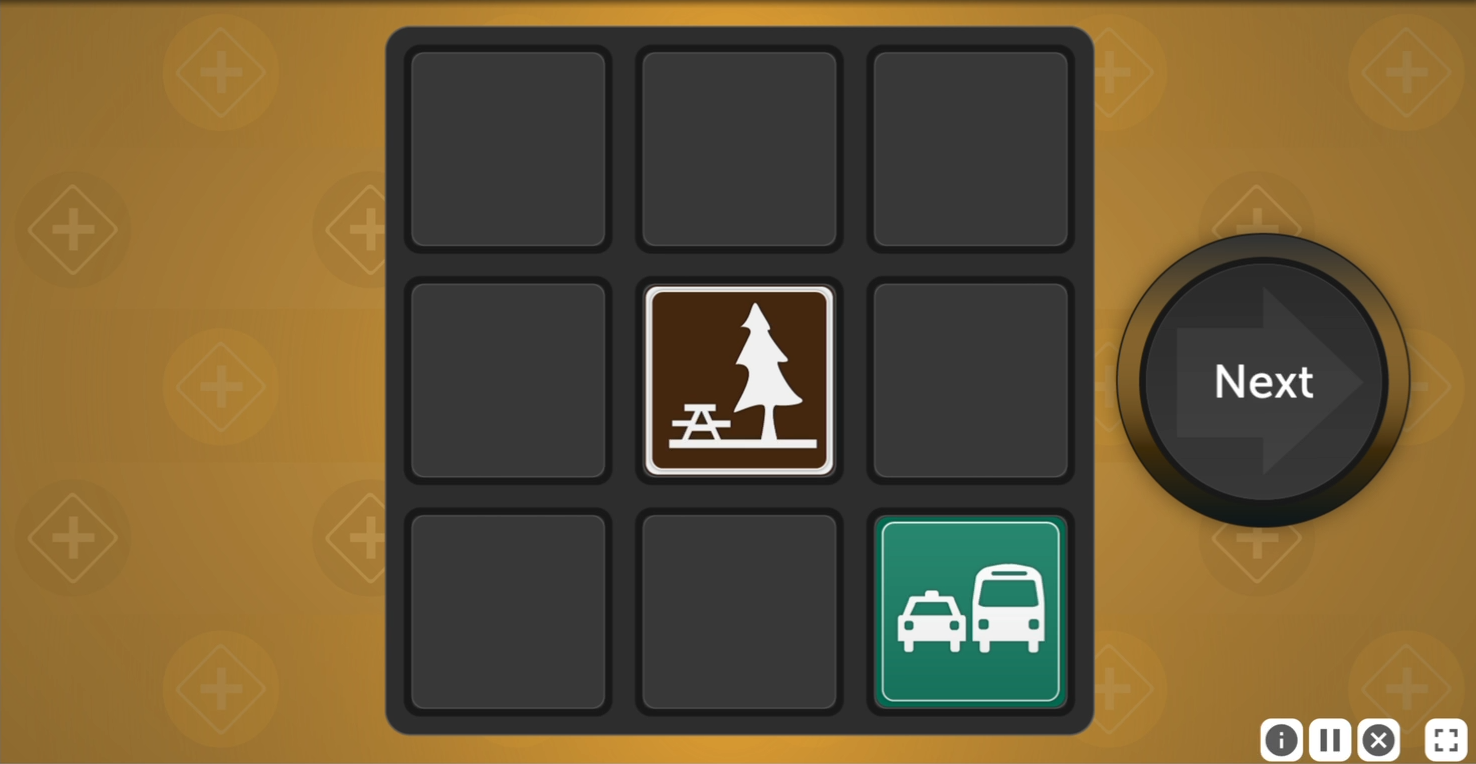 A screenshot from Mental Map. Centered in the window is a dark, three by three grid. The middle of the grid has an icon of a picnic table and a large tree. In the bottom right corner of the grid is another icon with two vehicles. To the right of the grid is a large, dark button that reads Next.