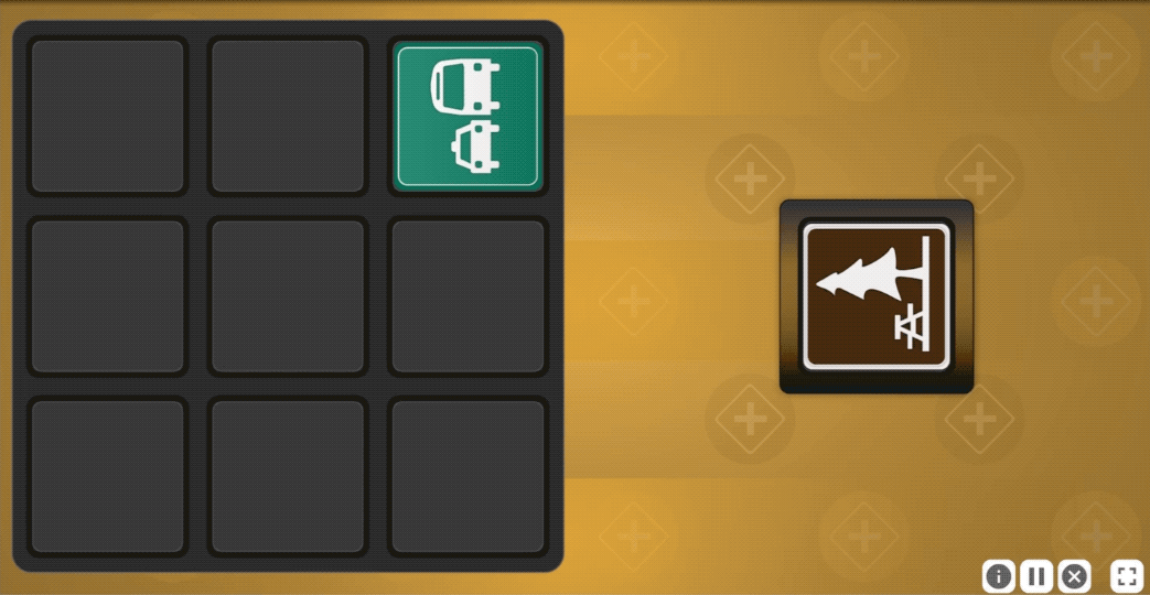 An animation from Mental Map.  The picnic icon is shown separately, to the right of the rotated three by three grid.  A mouse cursor clicks and drags the picnic icon to the center space of the grid.