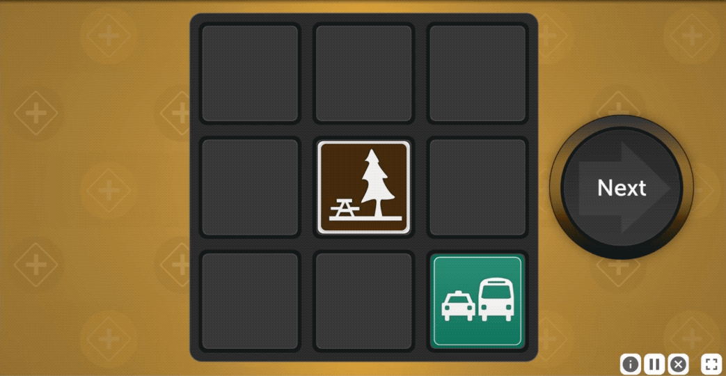 An animation from Mental Map. A cursor selects the Next button to the right of the three by three grid.  The picnic icon in the middle and the vehicle icon in the bottom right of the grid disappear. After a moment the vehicle icon reappears, and then the whole grid rotates ninety degrees counterclockwise.