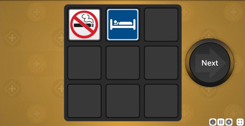 An animation from a trial of Mental Map. Two icons are shown on a three by three grid.  In the top left is a no smoking icon. In the top middle is an icon of a bed. To the right is a large, dark button that reads Next.  A mouse cursor appears and selects the Next button. The icons on the grid disappear, and then the the bed icon reappears.  The whole grid then rotates ninety degrees counterclockwise, and the bed icon then shifts to the adjacent diagonal space to the top.  The no smoking icon appears to the right of the grid, and a mouse cursor drags the icon to the incorrect space within the grid.  A second grid appears revealing how the icons in the first grid had been rotated and translated.