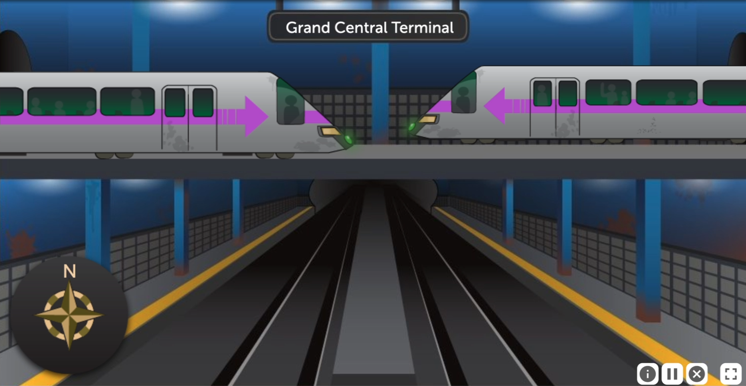 An image from True North. Two trains are now visible on two of the train platforms across the screen.  The train on the left of the screen will be exiting right, and the train on the right of the screen will be exiting left.