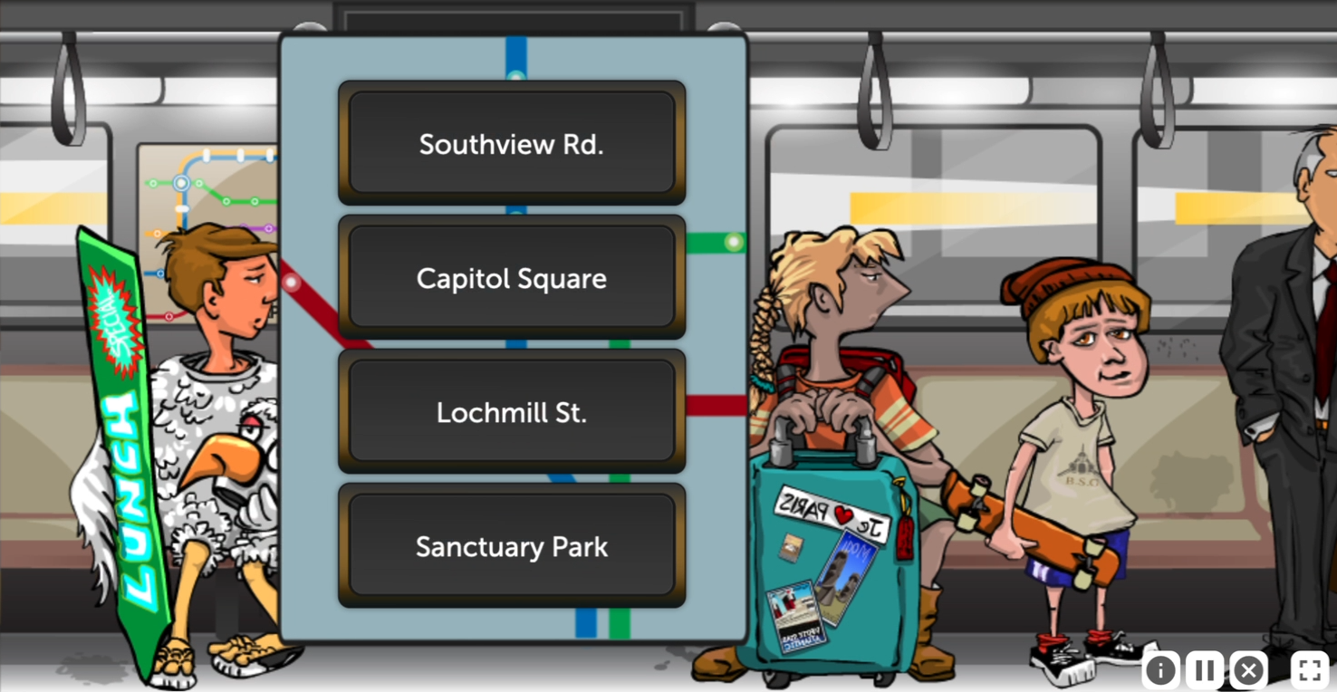 An image from True North. The scene has changed to the interior of a train. There are several other passengers boarded. A selection window has appeared and lists the name of several different stations the train will be stopping at.