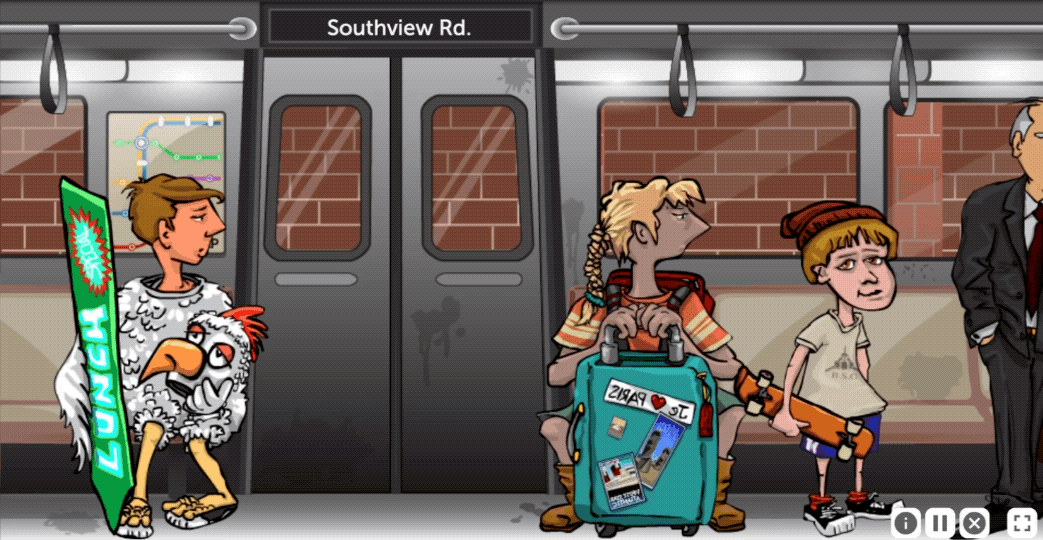 An animation from True North. The train stop reads Southview Road, and the scene changes from being inside the train to outside at the train station. One train is currently visible at this station, and it exits the station via the bottom of the window.