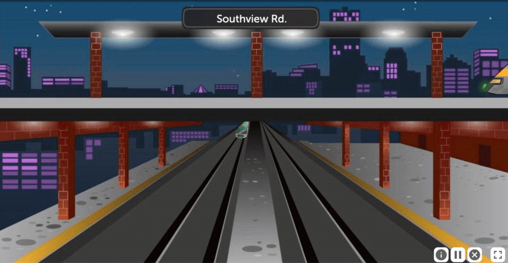 An animation from True North.  Two trains appear at Southview Road station.  The first train is across the top of the window and it will be exiting to the left of the window.  The second train is on a lower train track and is set to exit via the bottom of the window.  A mouse cursor appears and selects the first train, and the train departs. Another scene inside the train occurs where the next train station stop can be made. The mouse cursor appears again and selects Marina Terrace.
