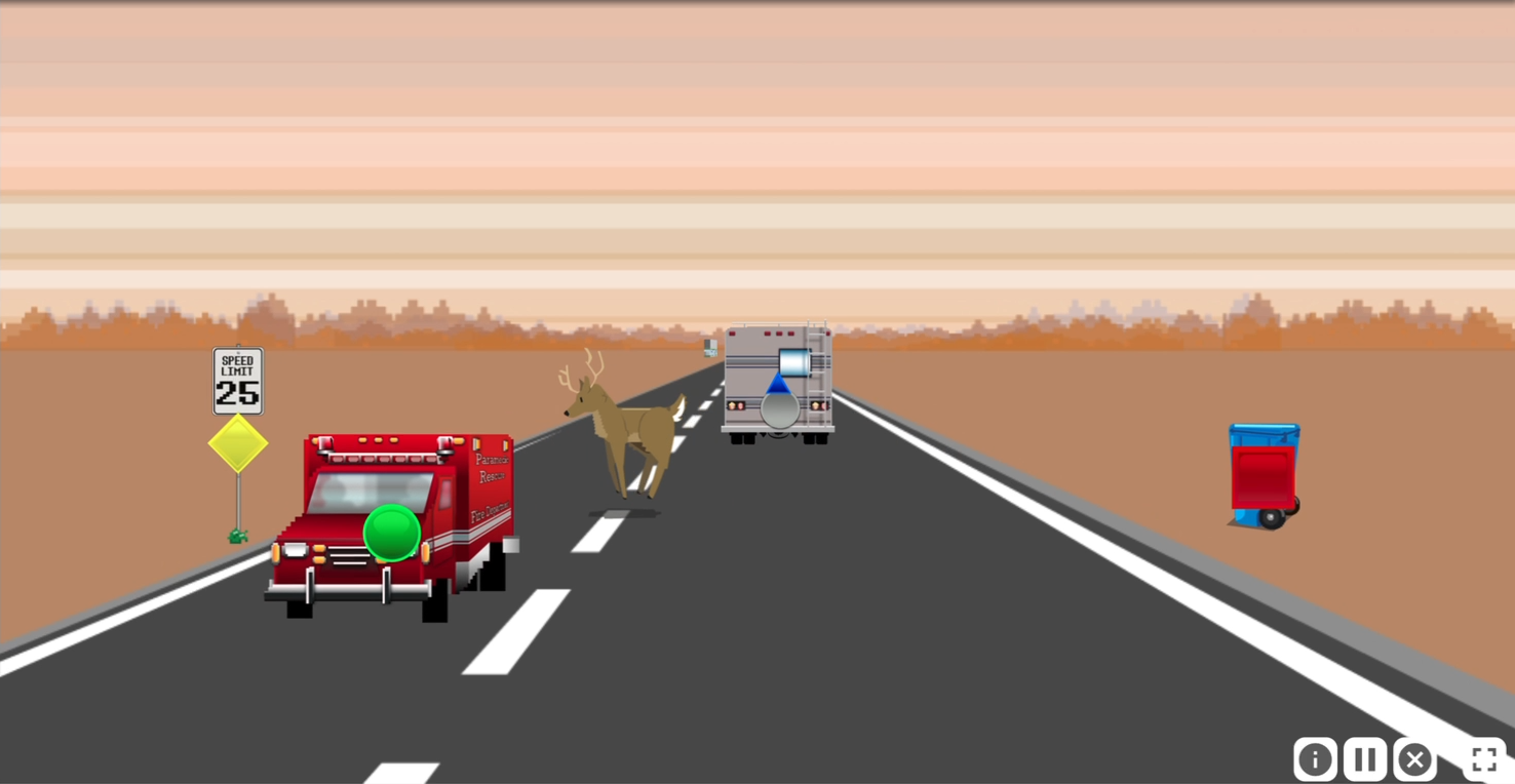 A screenshot from Optic Flow. Items and creatures have appeared across the two lane road. From left to right there is a speed limit sign with a yellow diamond, an ambulance with a green circle, a deer crossing the road, an RV with a blue triangle, and to the right is a garbage bin with a red square.