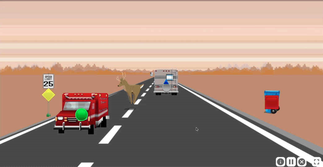 An animation from Optic Flow. Our point of view is as a driver who is driving down the road.  A computer mouse appears and selects the garbage bin with the red square.